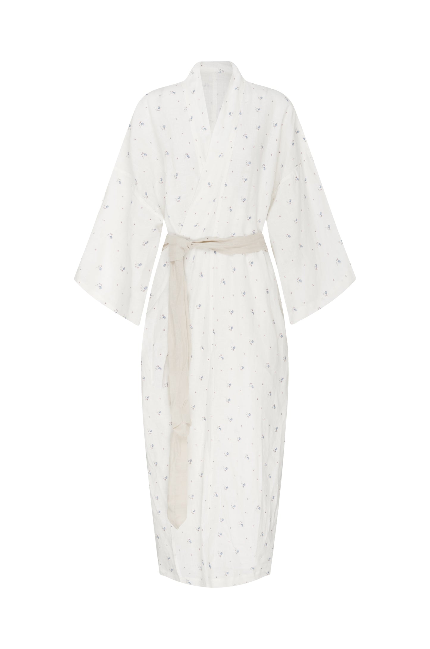 The 02 robe - vintage floral features a white, knee-length wrap design with a subtle tiny print, wide sleeves, and a light beige linen waist tie—combining simple elegance with comfort for perfect lounging style.