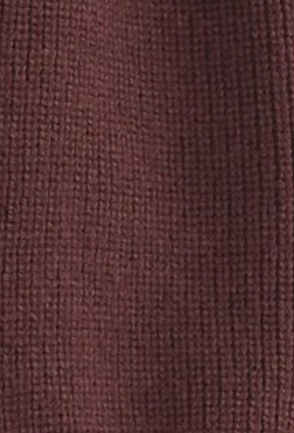 Close-up of the Flounce Cardigan - Burgundy by Deiji Studios. This recycled knit features a textured, ribbed vertical pattern in deep burgundy with visible stitching and a soft, inviting look.