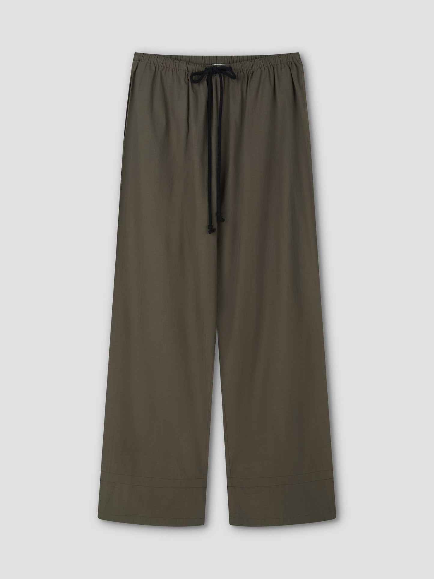 Loose-fitting Layered Pant - Khaki Check featuring a wide leg, elastic waistband, and black drawstring, displayed flat on a light gray background.