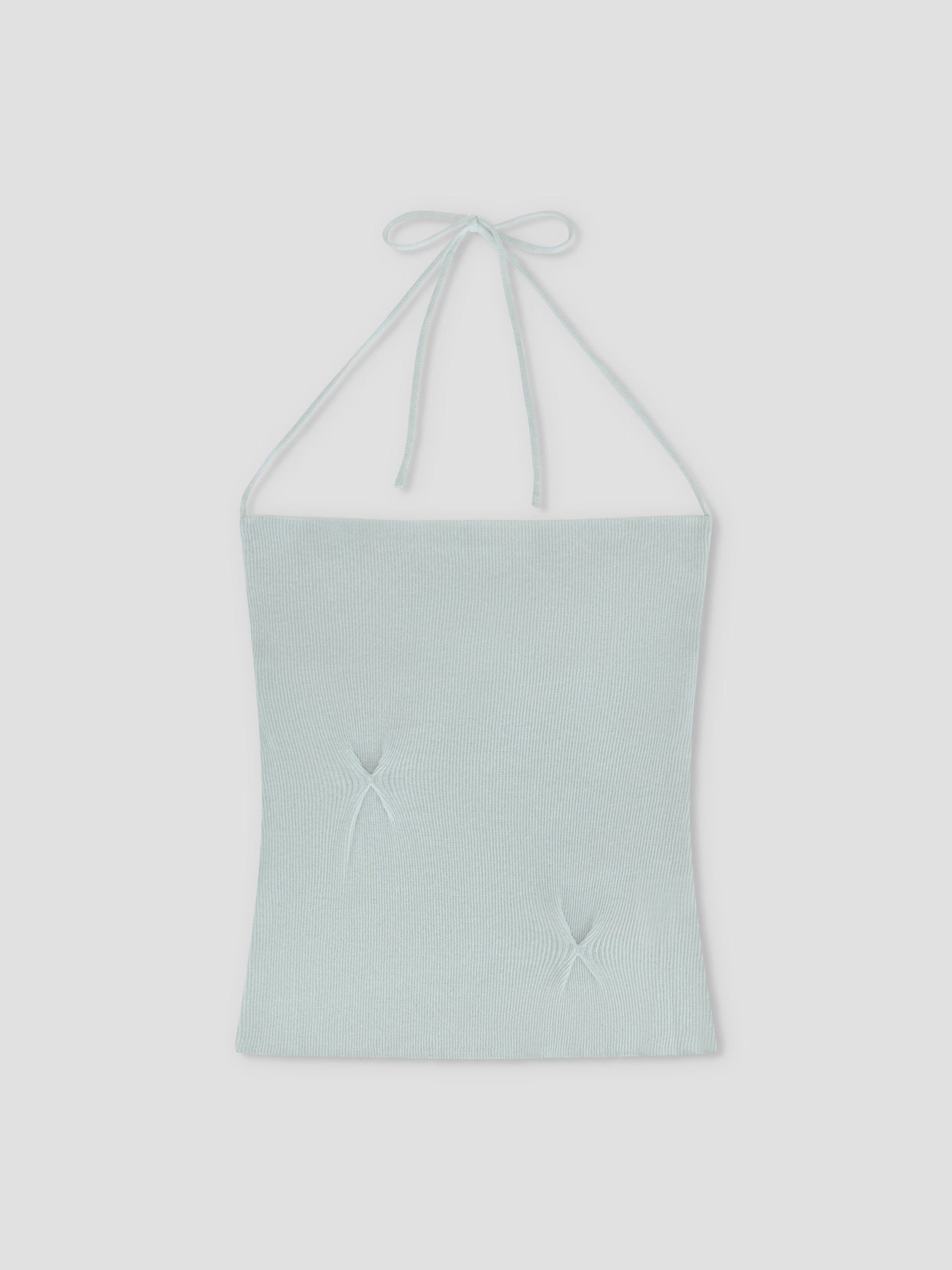The Fine Knot Tank - Ice Blue features a light blue fine knit, thin tie straps, and two distressed star-shaped cutouts on the front. Made from recycled polyester and shown against a white background.