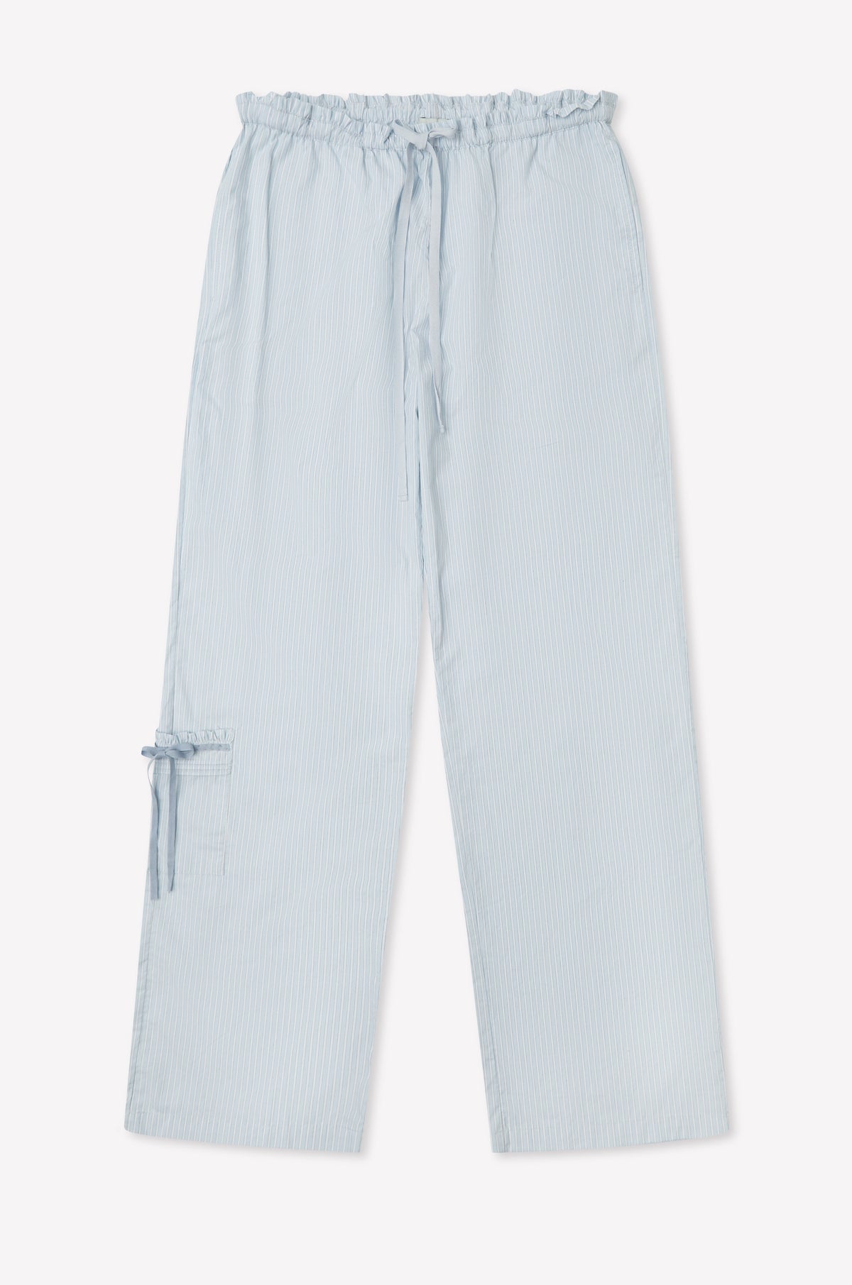 The Pintuck Collar Set - Mist Stripe features light blue wide-leg pants with a drawstring waist, ruffled top edge, a large side pocket with tie detail on the left leg, and a subtle textured pattern that pairs well with cotton poplin.