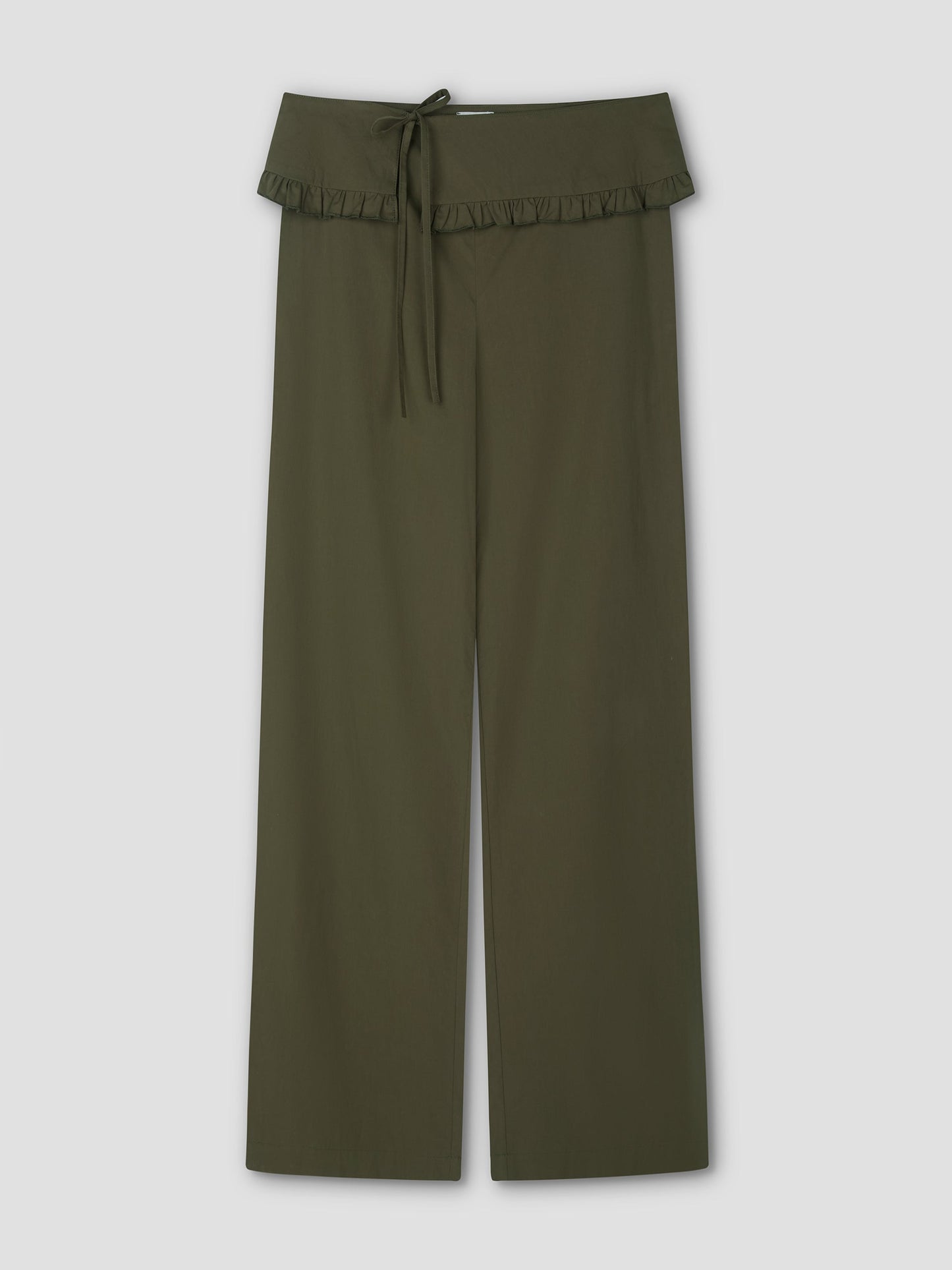 The Flounce Belt Pant - Khaki features a wide-leg, high ruffled waistband with a matching tie belt. Inspired by Deiji Studios, it offers a relaxed fit and seamless design with no visible pockets or fastenings.