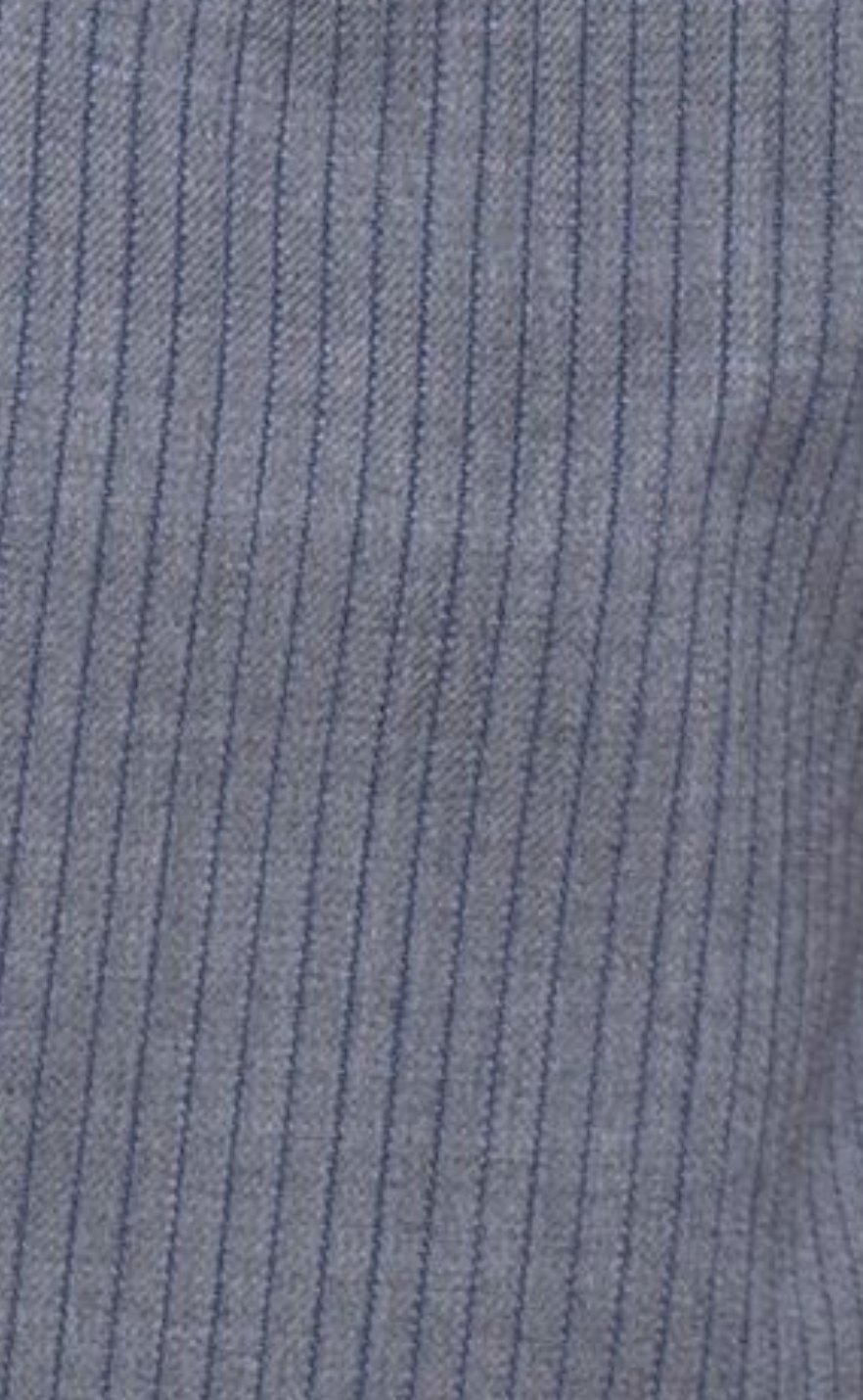 Close-up of the Wool Belt Pant - Grey Blue Stripe, showing soft RWS wool fabric with thin, vertical dark blue pinstripes—perfect texture and weave for a relaxed fit.