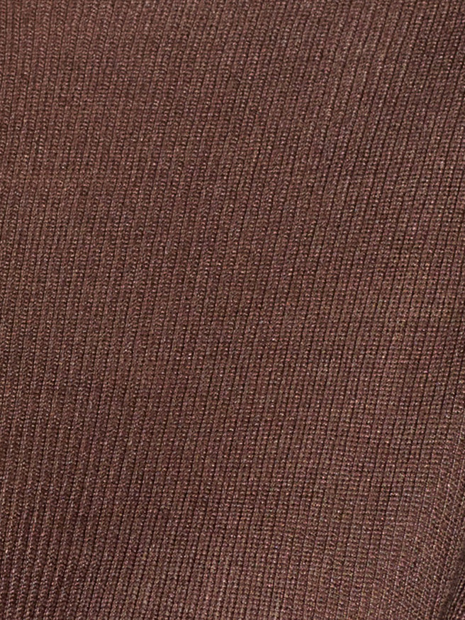 Close-up of the Knitted Top - Dark Brown, featuring a brown ribbed fabric with fine vertical lines and a softly textured, stretchy ecoviscose material often used in clothing.