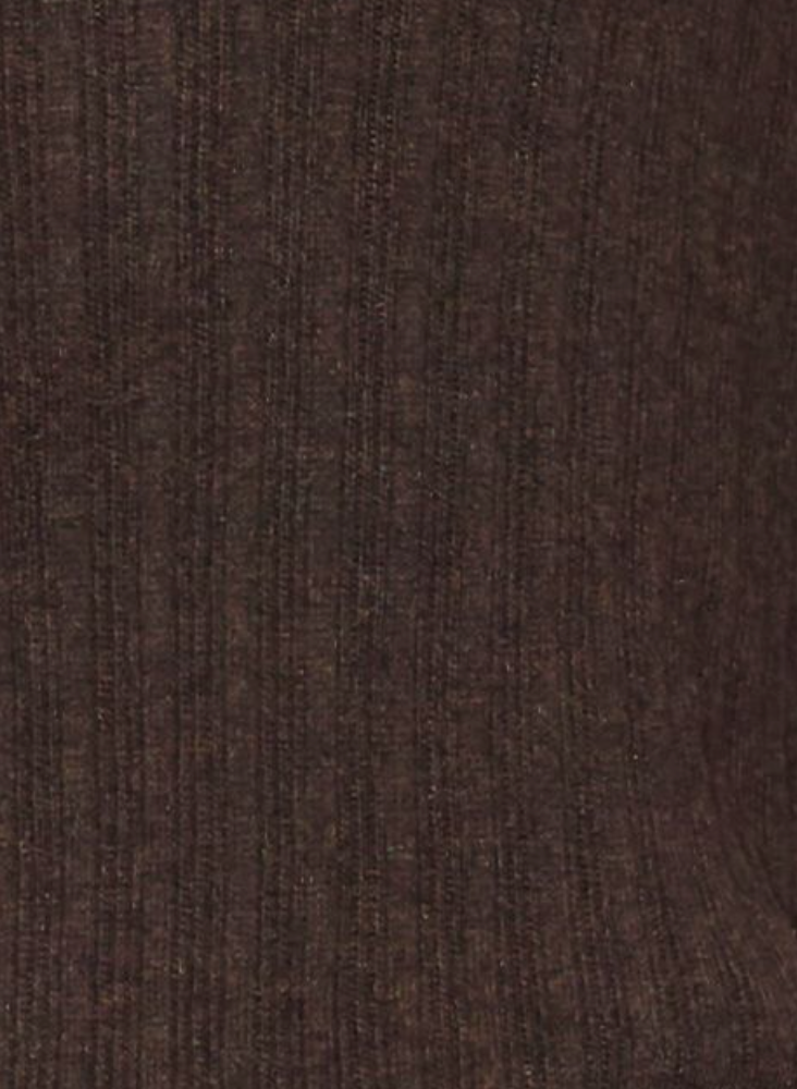 Close-up of the Polo Knit - Dark Almond shows a dark brown ribbed fabric with uniform vertical textured lines and a rich, warm color.
