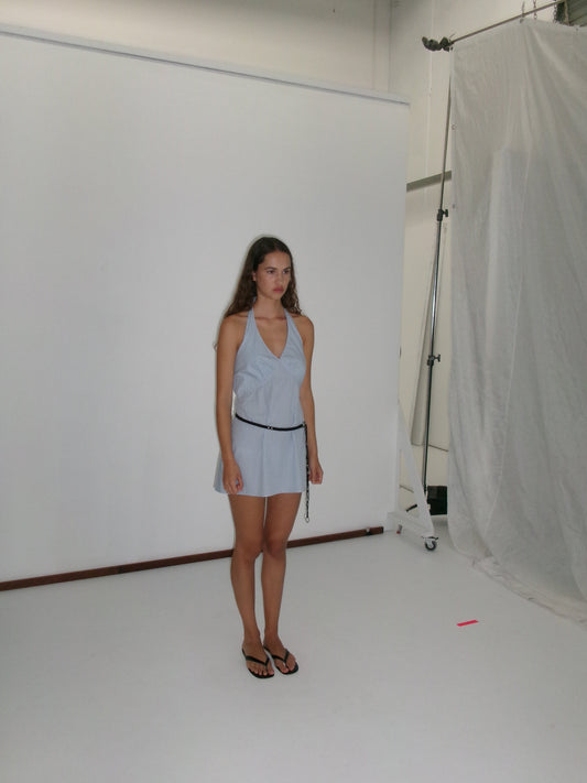 Cinched Halter Dress - Lake Blue Stripe