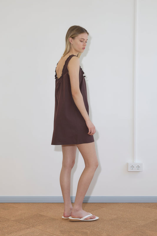 Button Frill Mini Dress - Umber
