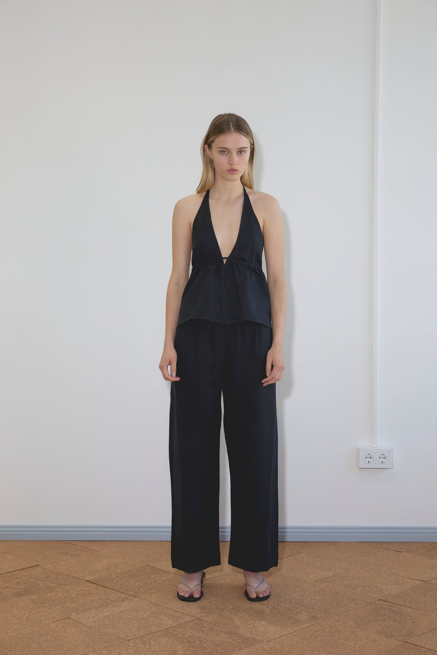 Linen Button Halter - Black