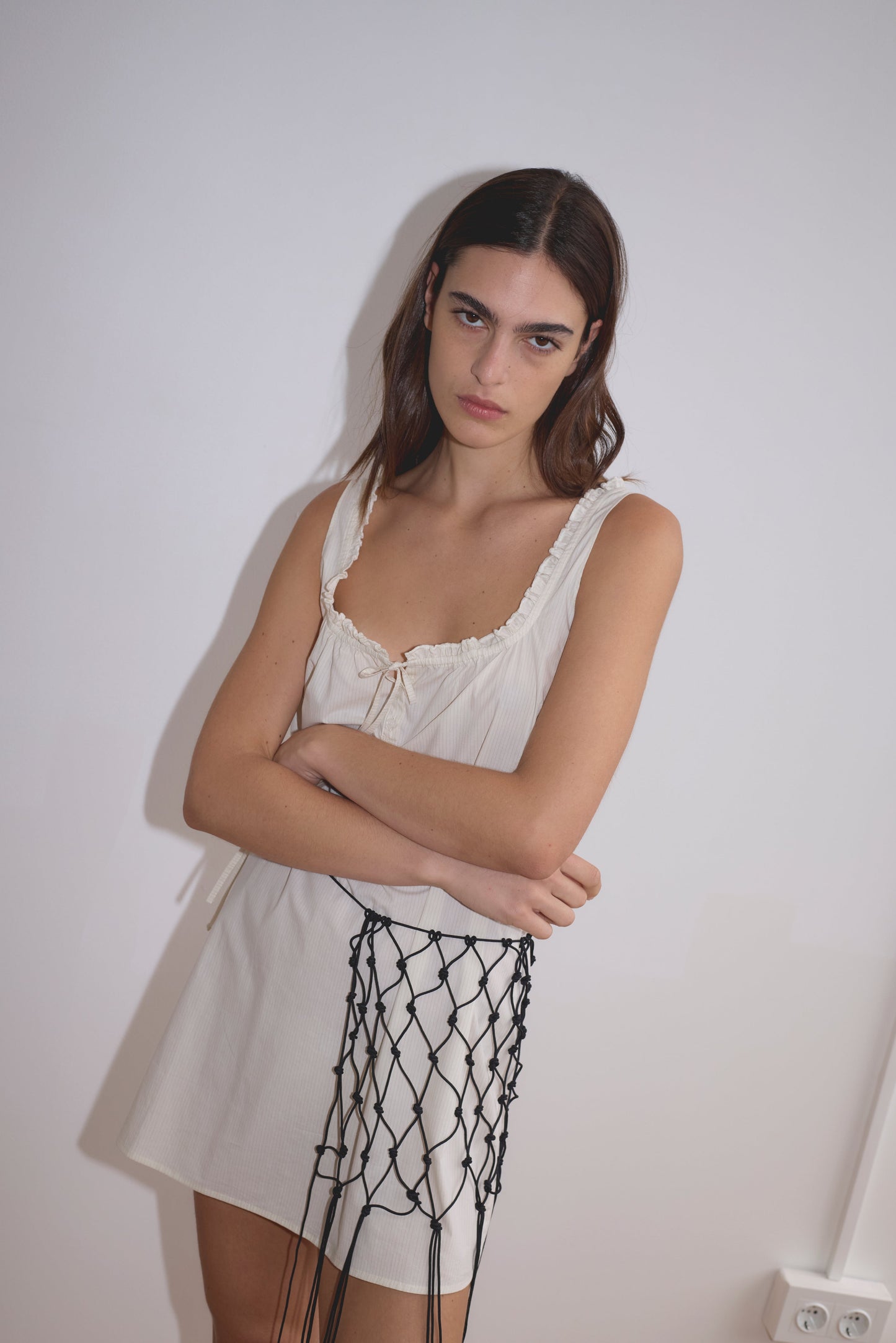 Button Frill Mini Dress - Stone Stripe