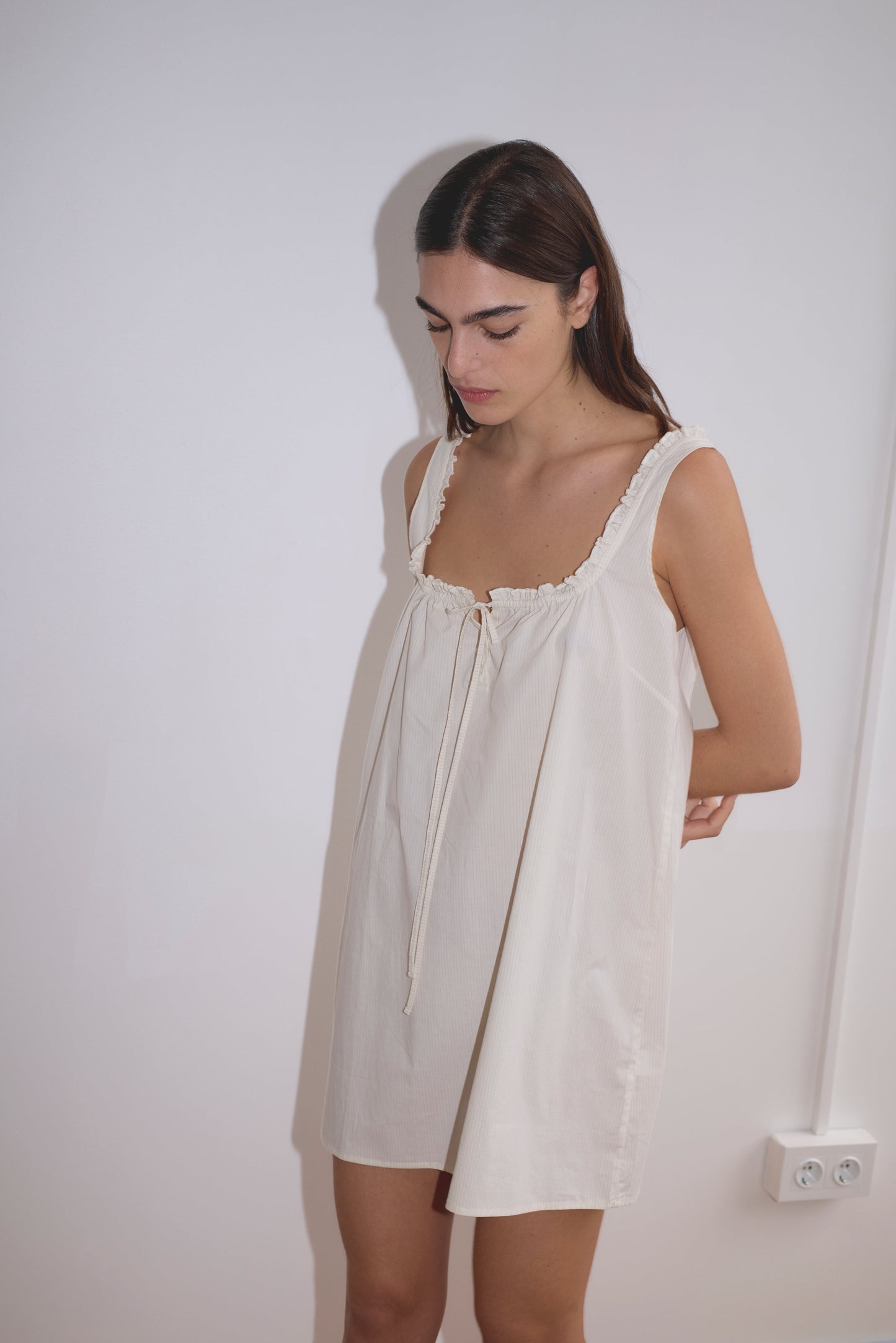 Button Frill Mini Dress - Stone Stripe