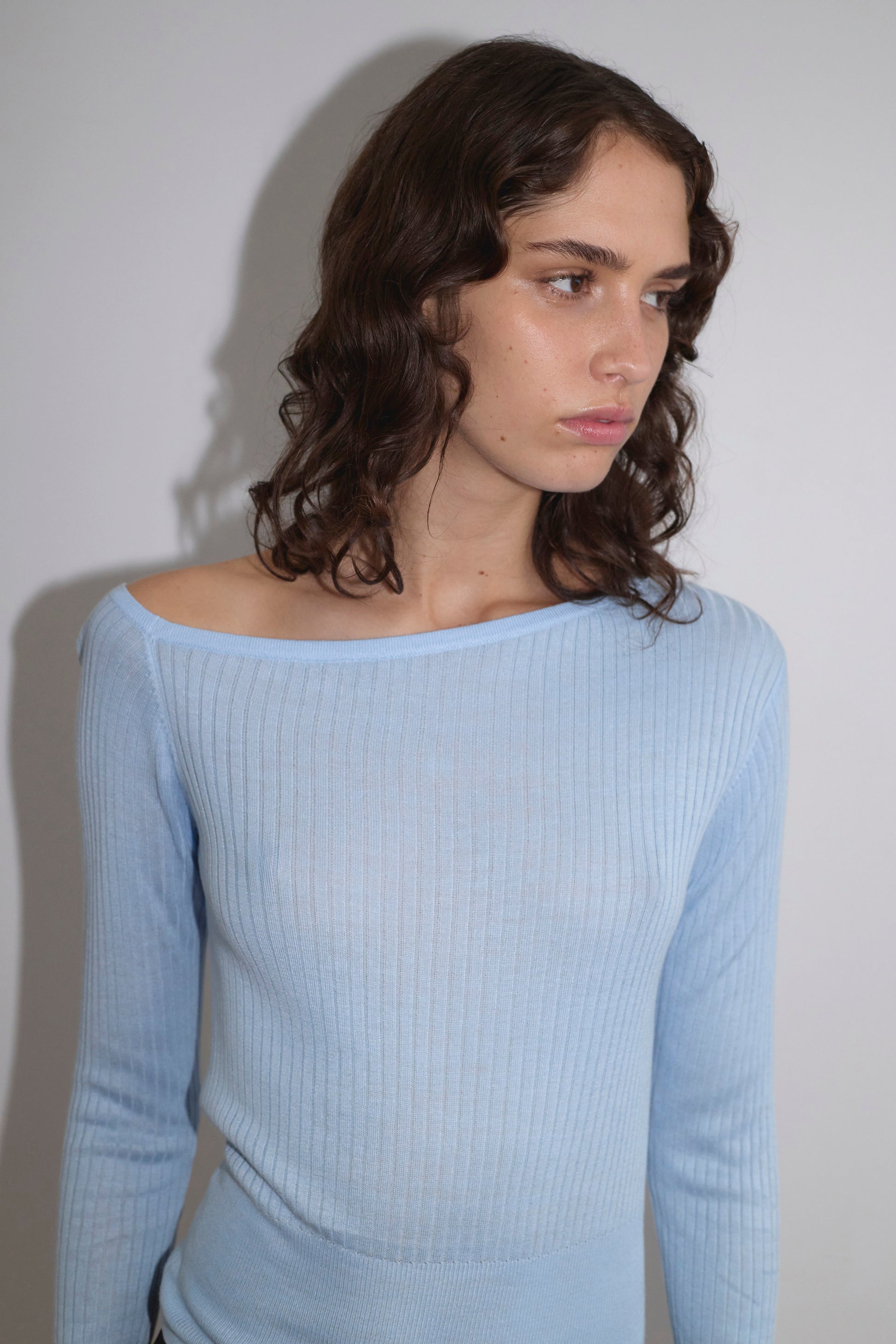A person with wavy brown hair wears the Shoulder Knit Top - Blue from Deiji Studios, featuring a wide neckline and ribbed texture, while standing against a plain white background and looking slightly to the side with a neutral expression.