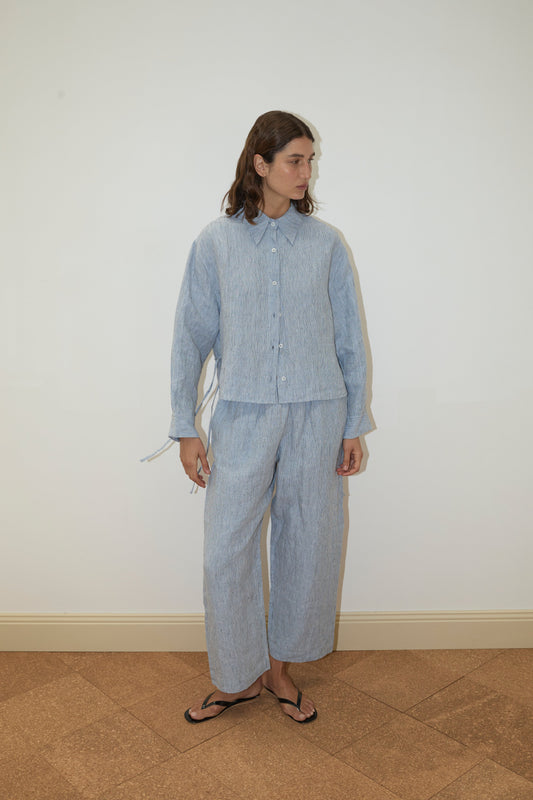 A person with long brown hair stands indoors against a plain white wall, wearing a 4 Tie Set - Blue Stripe.