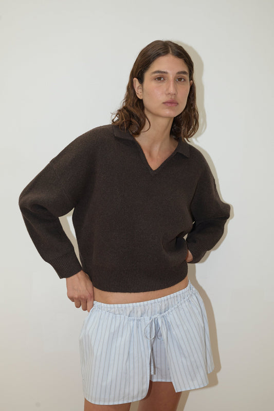 A woman with wavy brown hair stands against a white wall, wearing the Collared Pullover - Burnt Wood by Deiji Studios and light blue, high-waisted, pinstriped drawstring shorts. She has a neutral expression and one hand on her hip.