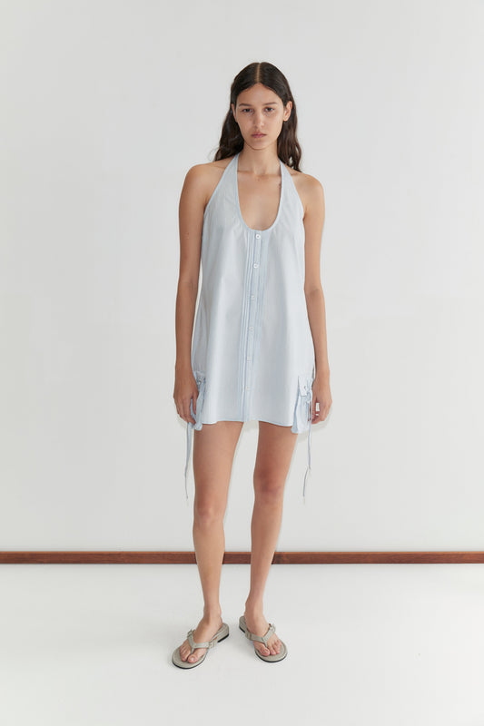 Pocket Halter Dress - Mist Stripe