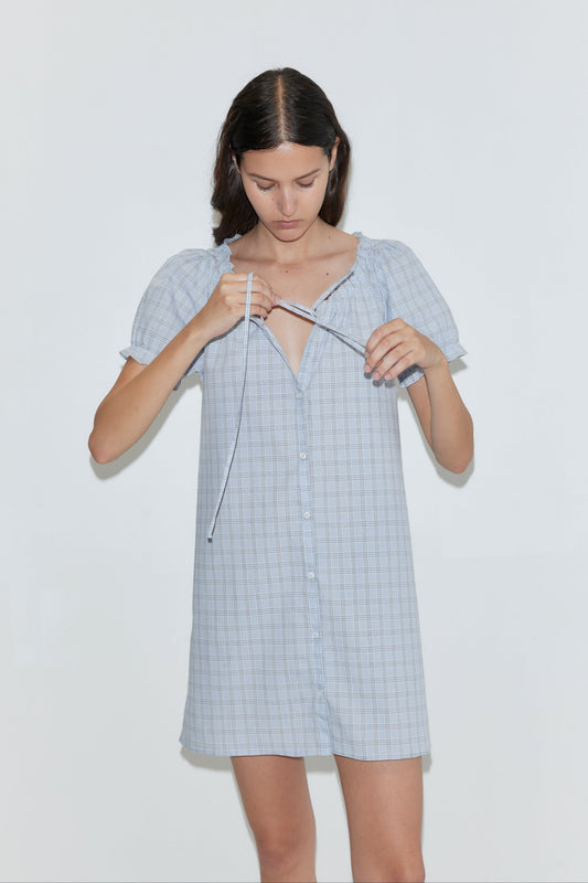 Buttoned Mini Dress - Powder Check