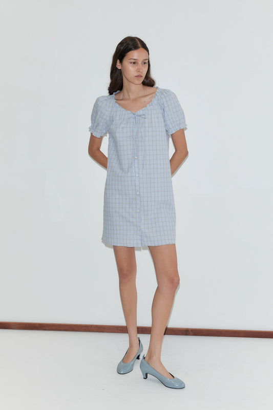 Buttoned Mini Dress - Powder Check