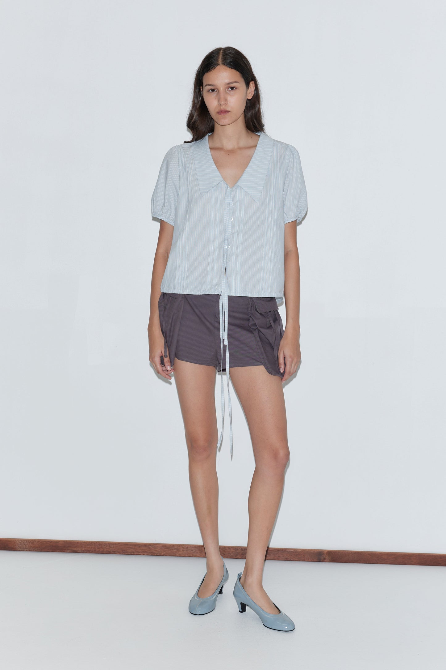 Fine Collar Top - Mist Stripe