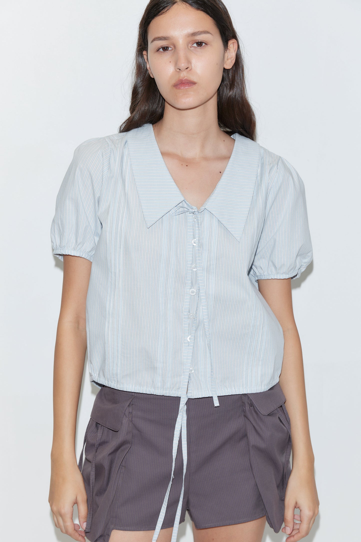 Fine Collar Top - Mist Stripe