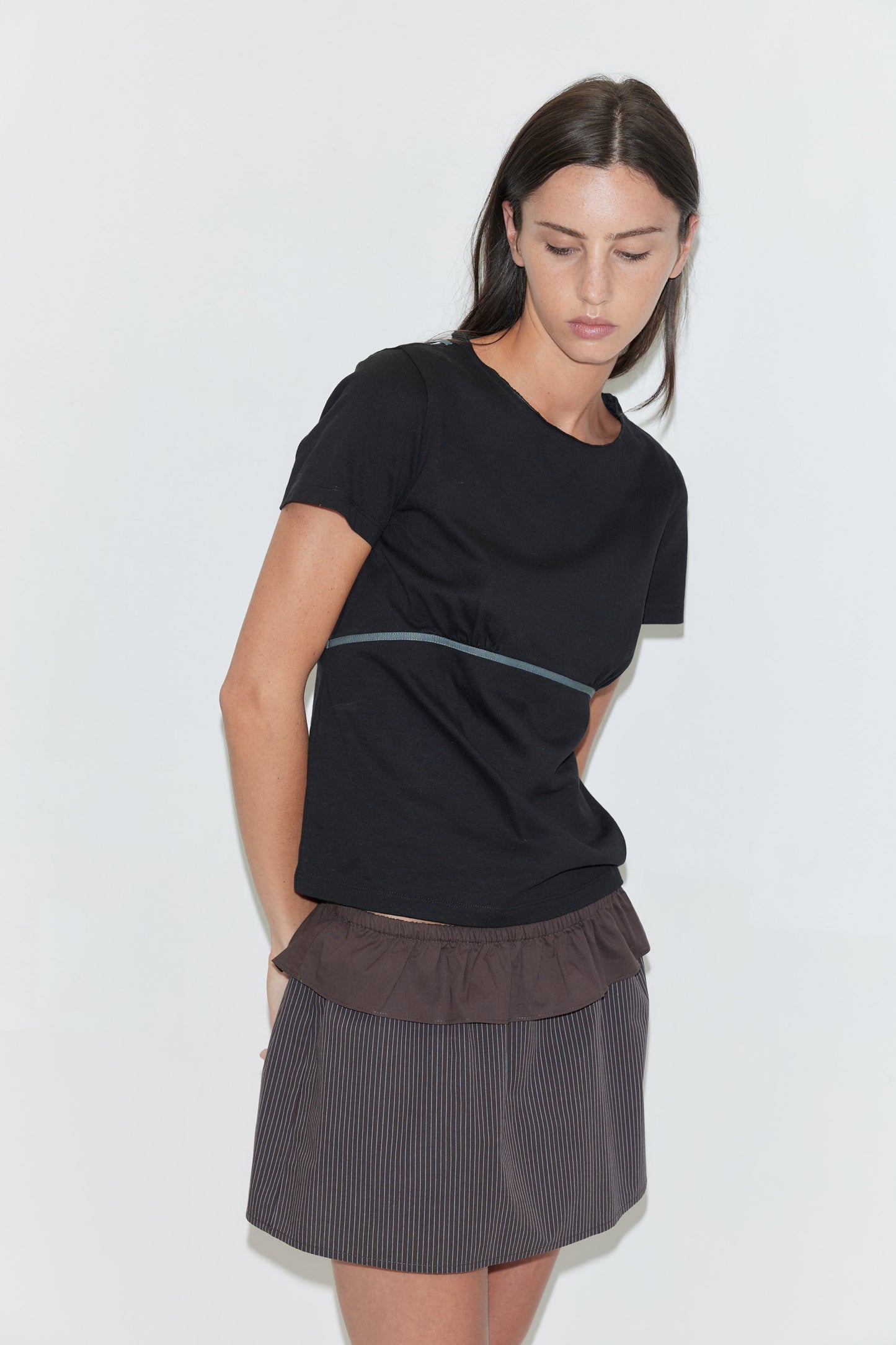 Flounce Layer Mini Skirt - Brown Blue Stripe