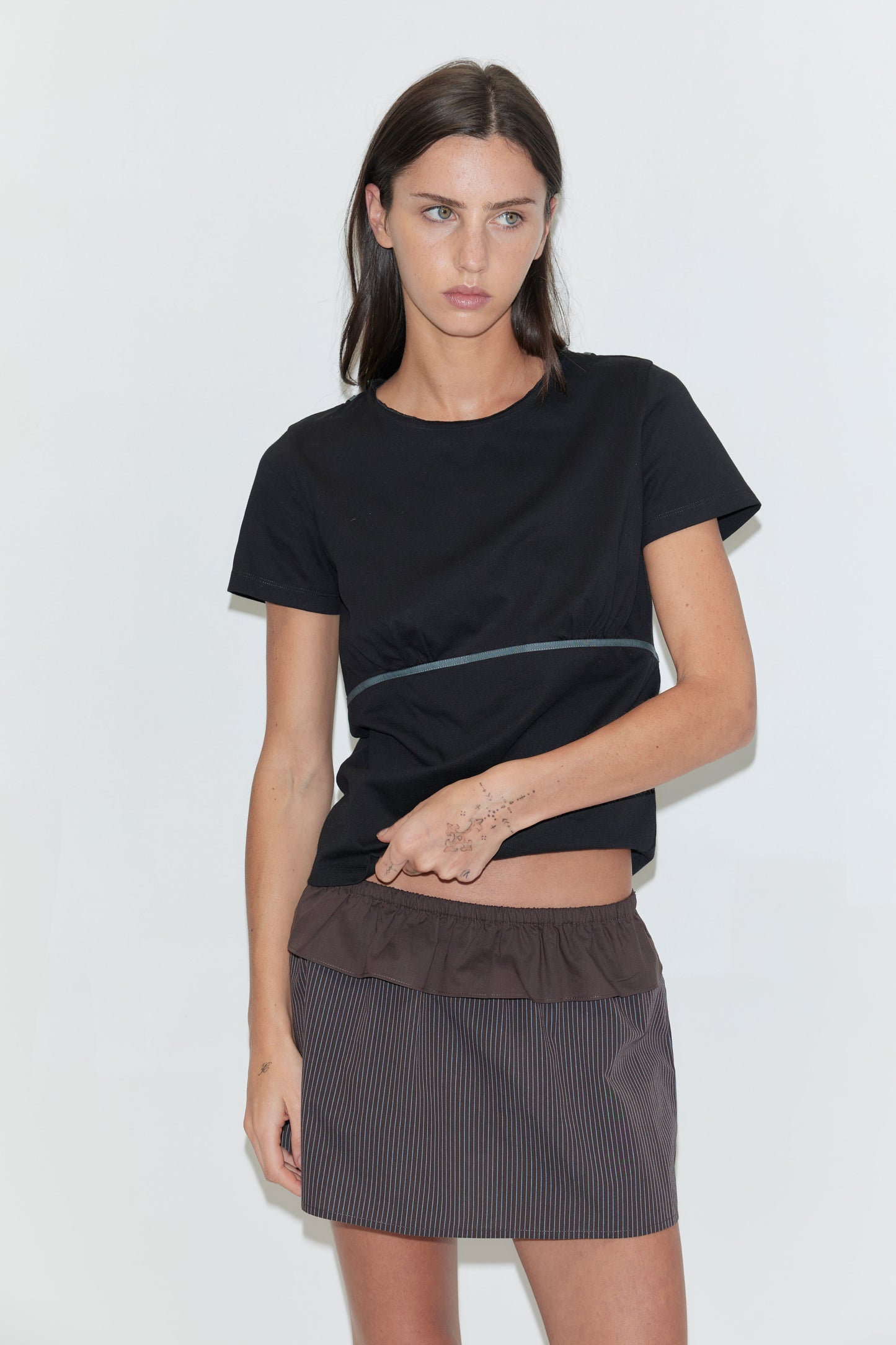 Flounce Layer Mini Skirt - Brown Blue Stripe