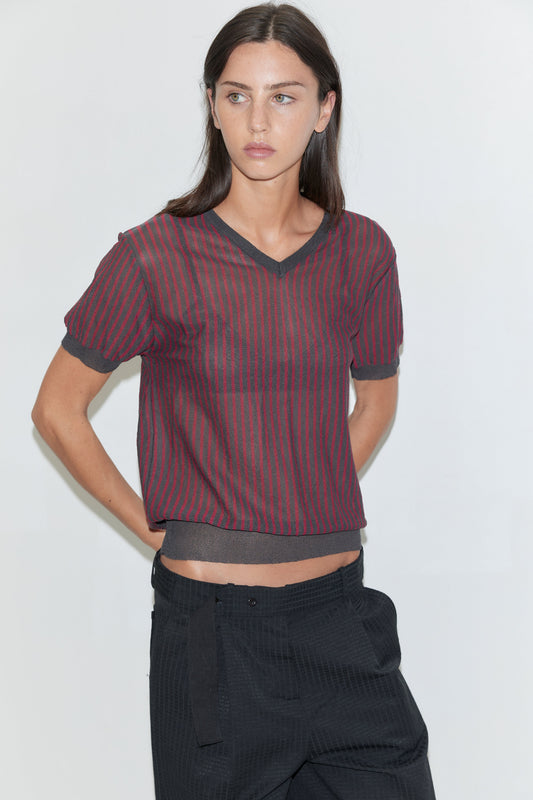 A cropped front view of a woman wearing the Cross Neck Tee - Red Stripe by Deiji Studios, a fine red and charcoal striped knit tee with a V-neckline, over black trousers against a plain white background.