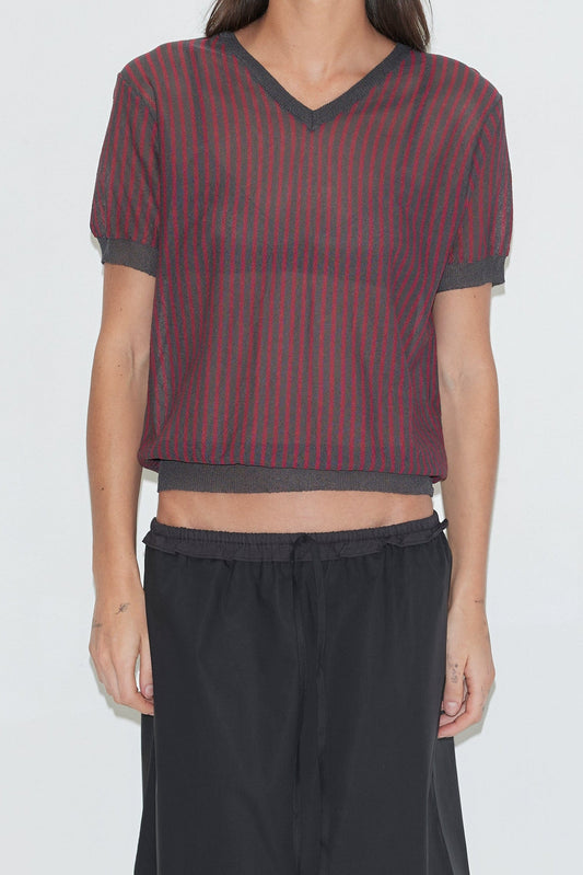 A cropped front view of the Cross Neck Tee - Red Stripe by Deiji Studios, a fine knit tee with red and charcoal vertical stripes, a V-neckline and ribbed trims, worn with a black skirt against a plain white background.