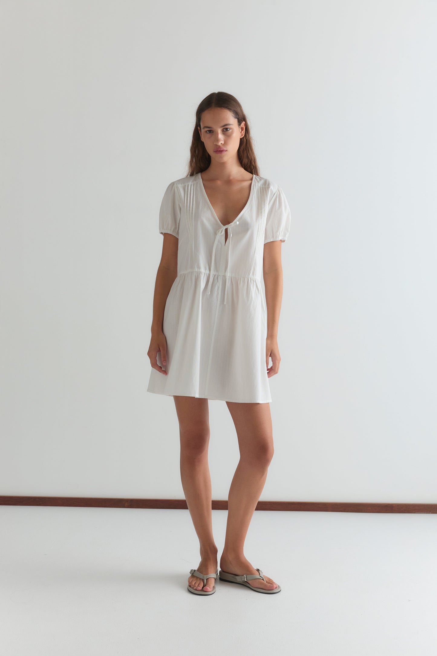V Pleat Dress - White Texture