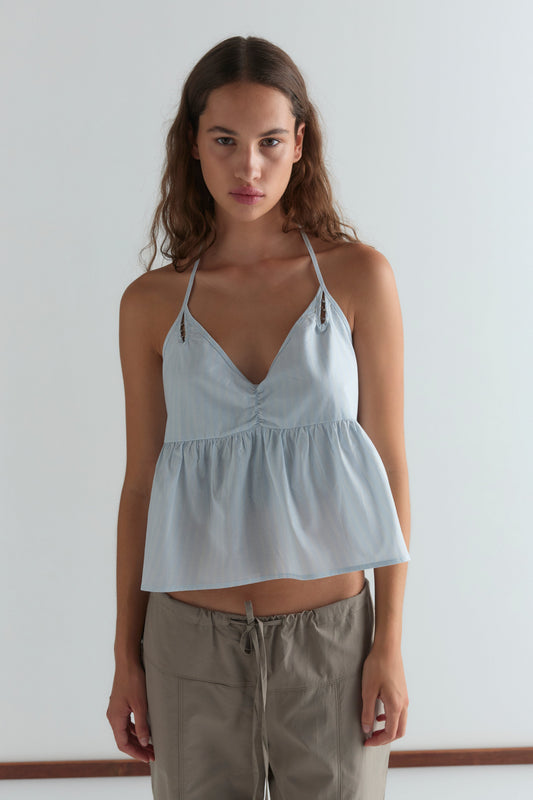 Keyhole Halter Top - Powder Blue Stripe