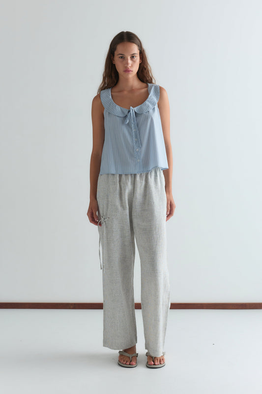 Round Collar Top - Lake Blue Stripe