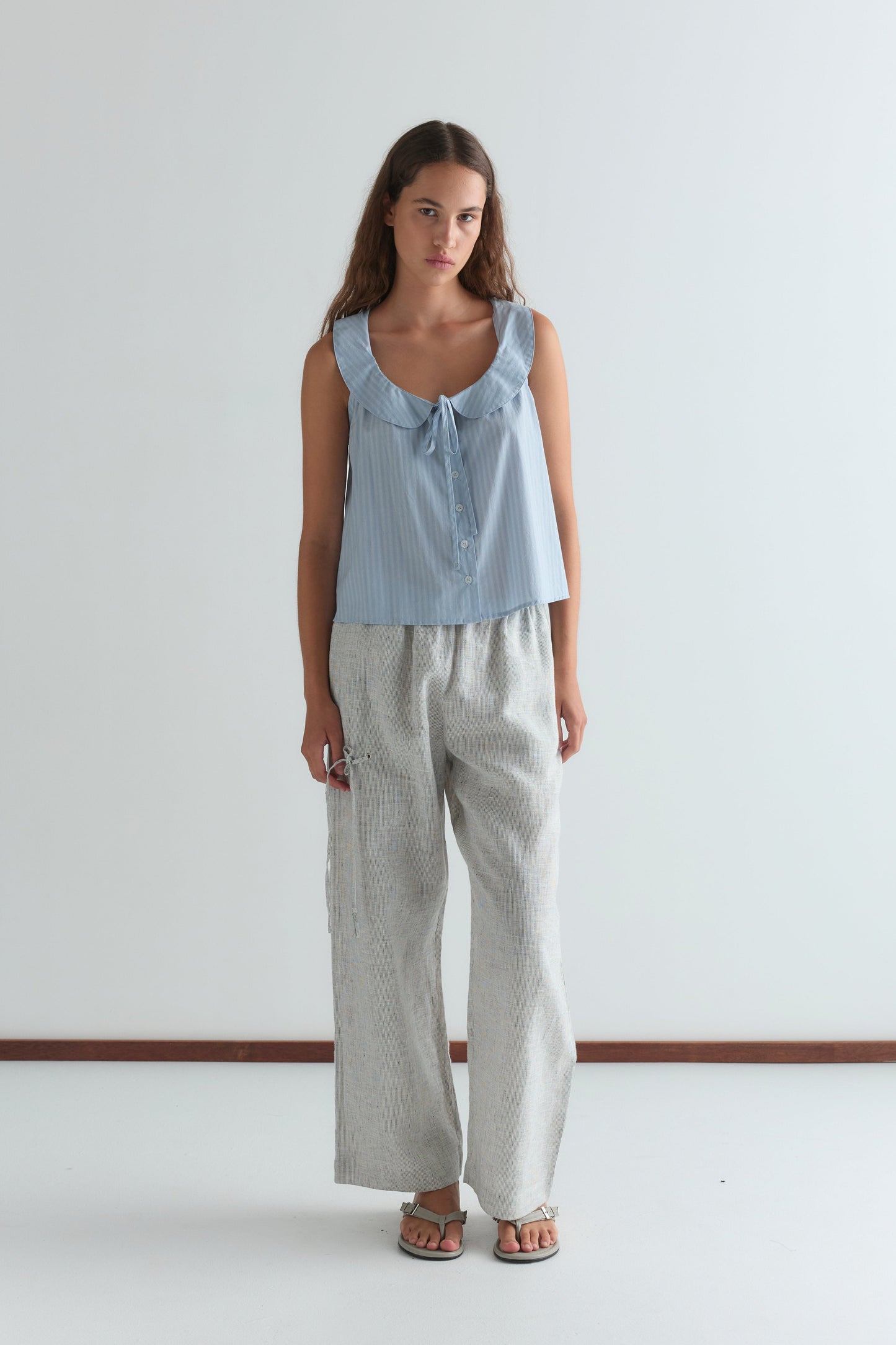 Round Collar Top - Lake Blue Stripe