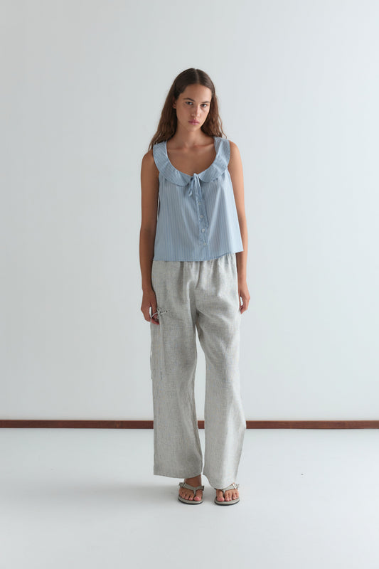 Round Collar Top - Lake Blue Stripe