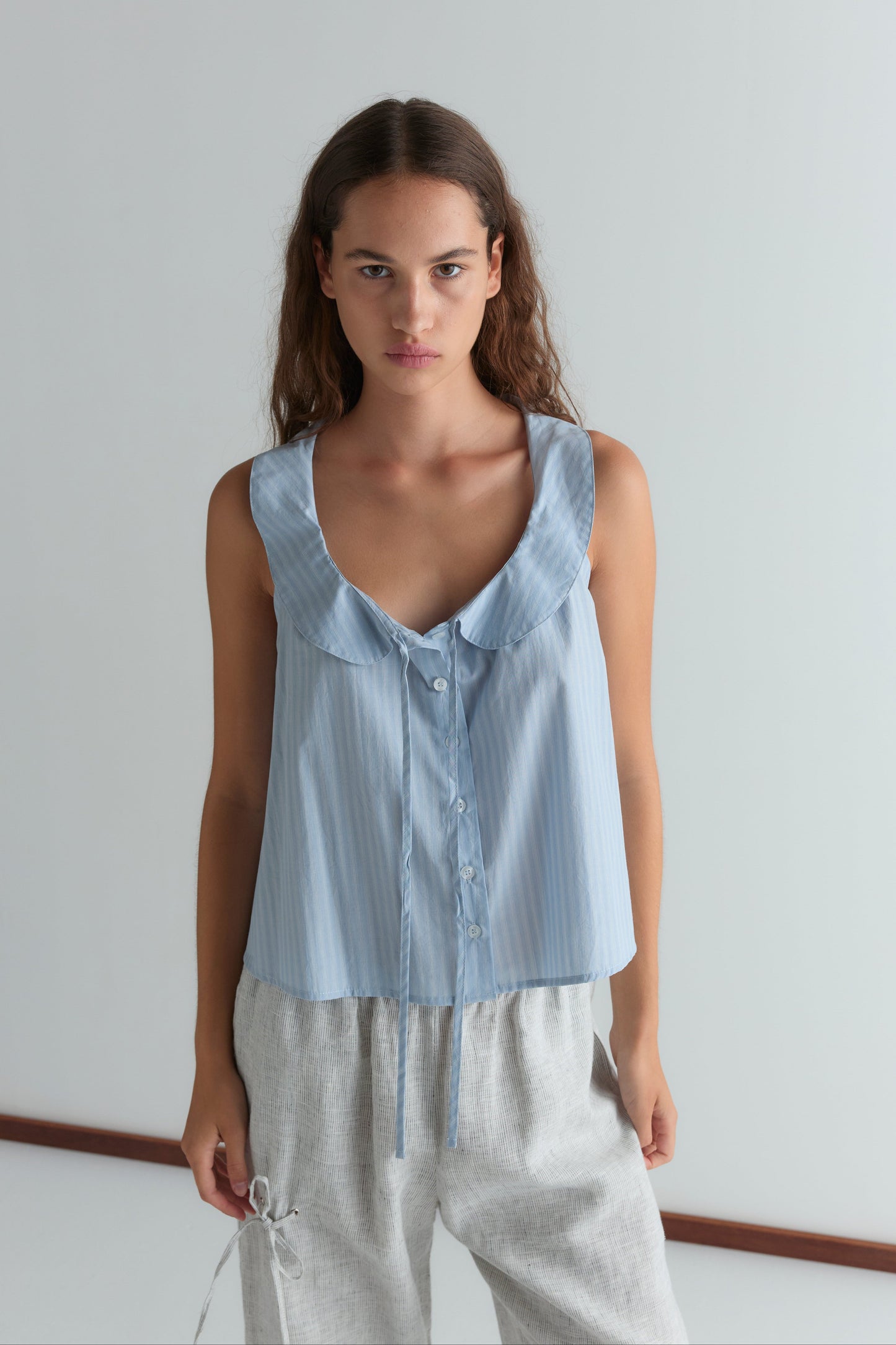 Round Collar Top - Lake Blue Stripe