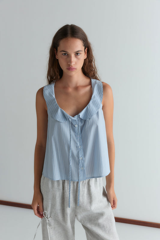 Round Collar Top - Lake Blue Stripe