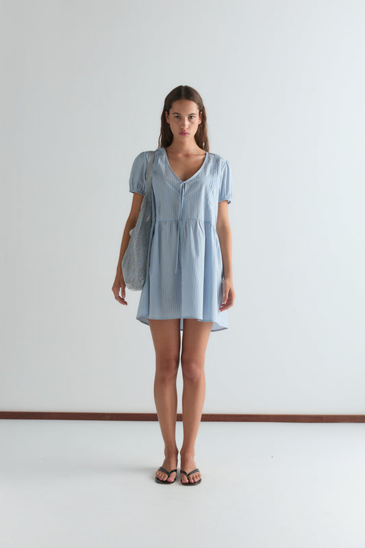 V Pleat Dress - Lake Blue Stripe