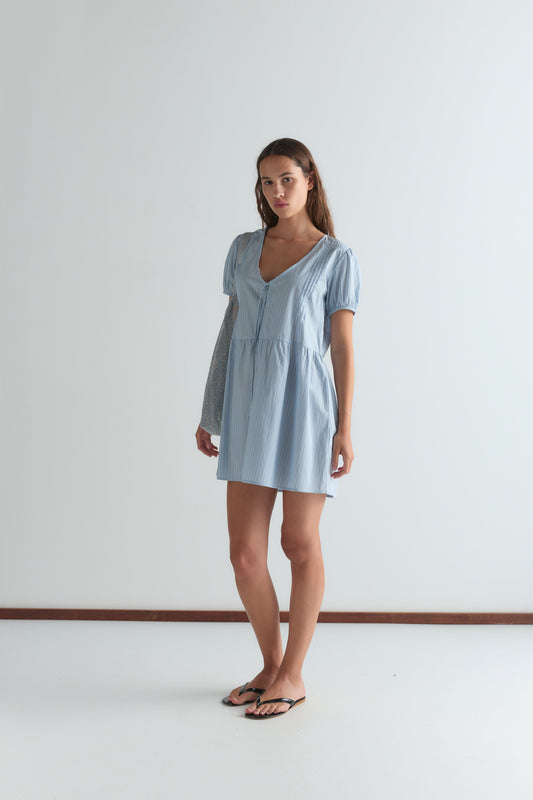 V Pleat Dress - Lake Blue Stripe