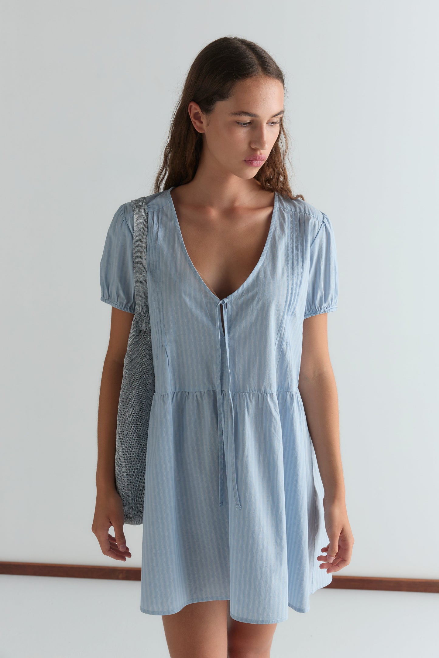 V Pleat Dress - Lake Blue Stripe