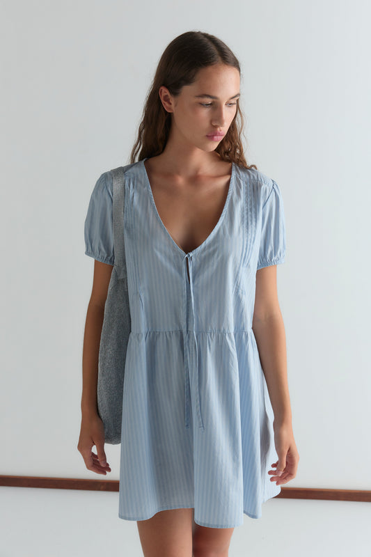 V Pleat Dress - Lake Blue Stripe