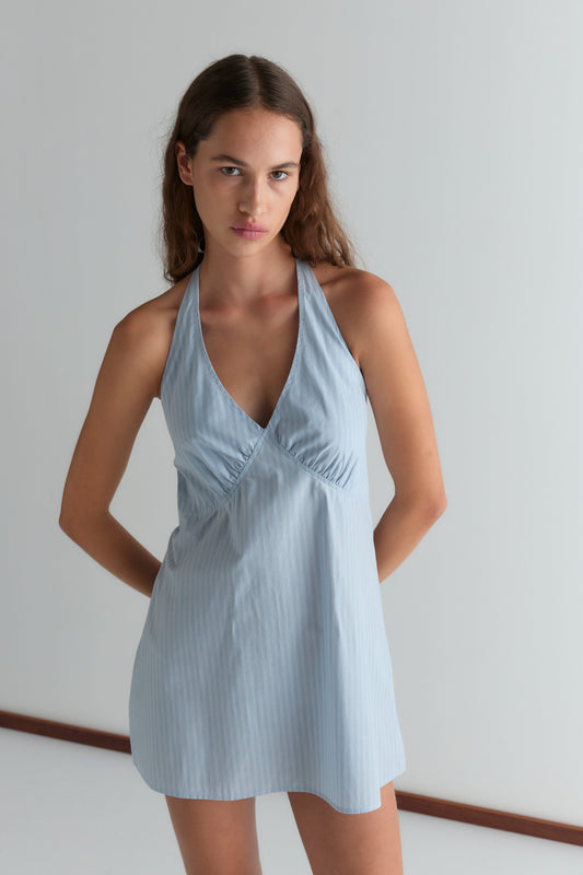 Cinched Halter Dress - Lake Blue Stripe