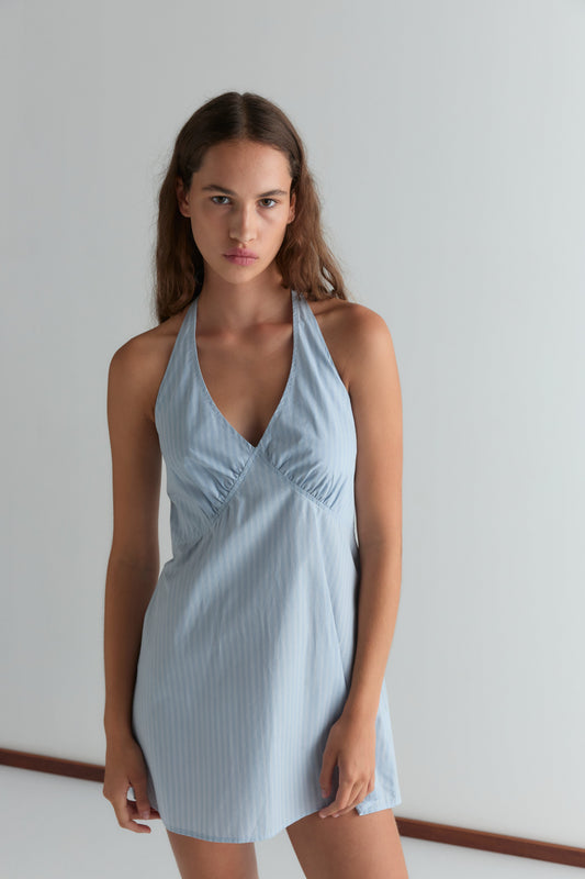 Cinched Halter Dress - Lake Blue Stripe