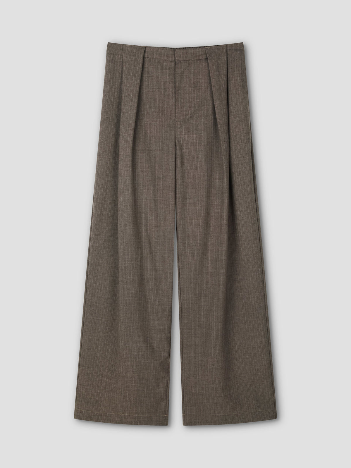 Grey pink stripe Belt Loop Pant featuring a relaxed wide leg, subtle striped pattern, front pleats, and mid-rise waist with belt loops, laid flat on a light gray background.