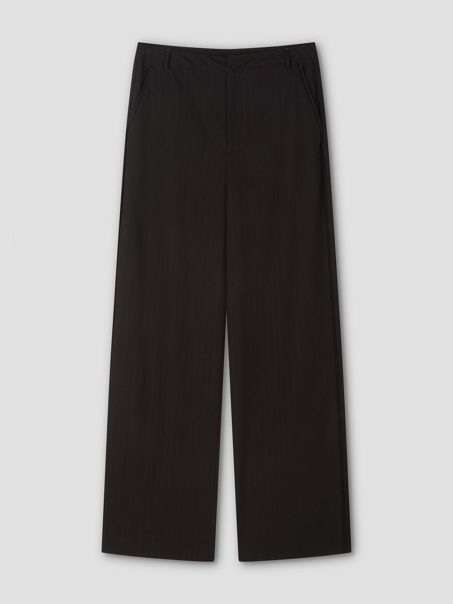 Bind Pant - Charred Black Stripe: high-waisted, wide-leg trousers with belt loops and side pockets, inspired by Deiji Studios’ tailored straight leg pant, shown laid flat on a light grey background.
