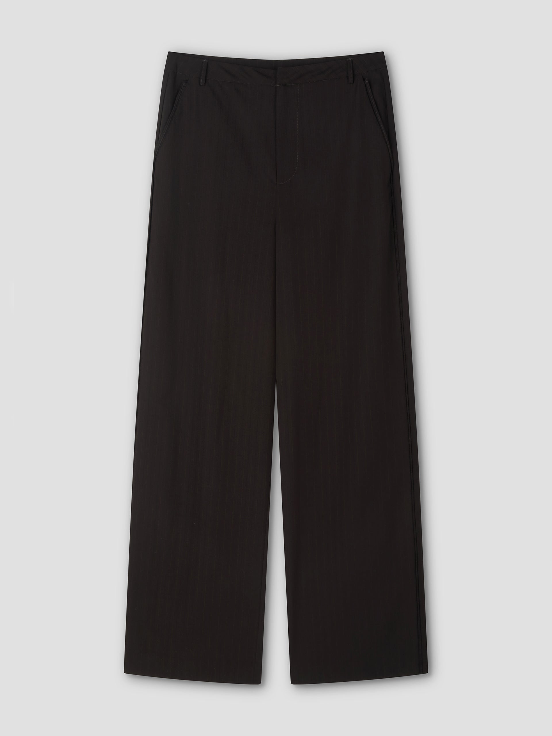 Bind Pant - Charred Black Stripe: high-waisted, wide-leg trousers with belt loops and side pockets, inspired by Deiji Studios’ tailored straight leg pant, shown laid flat on a light grey background.