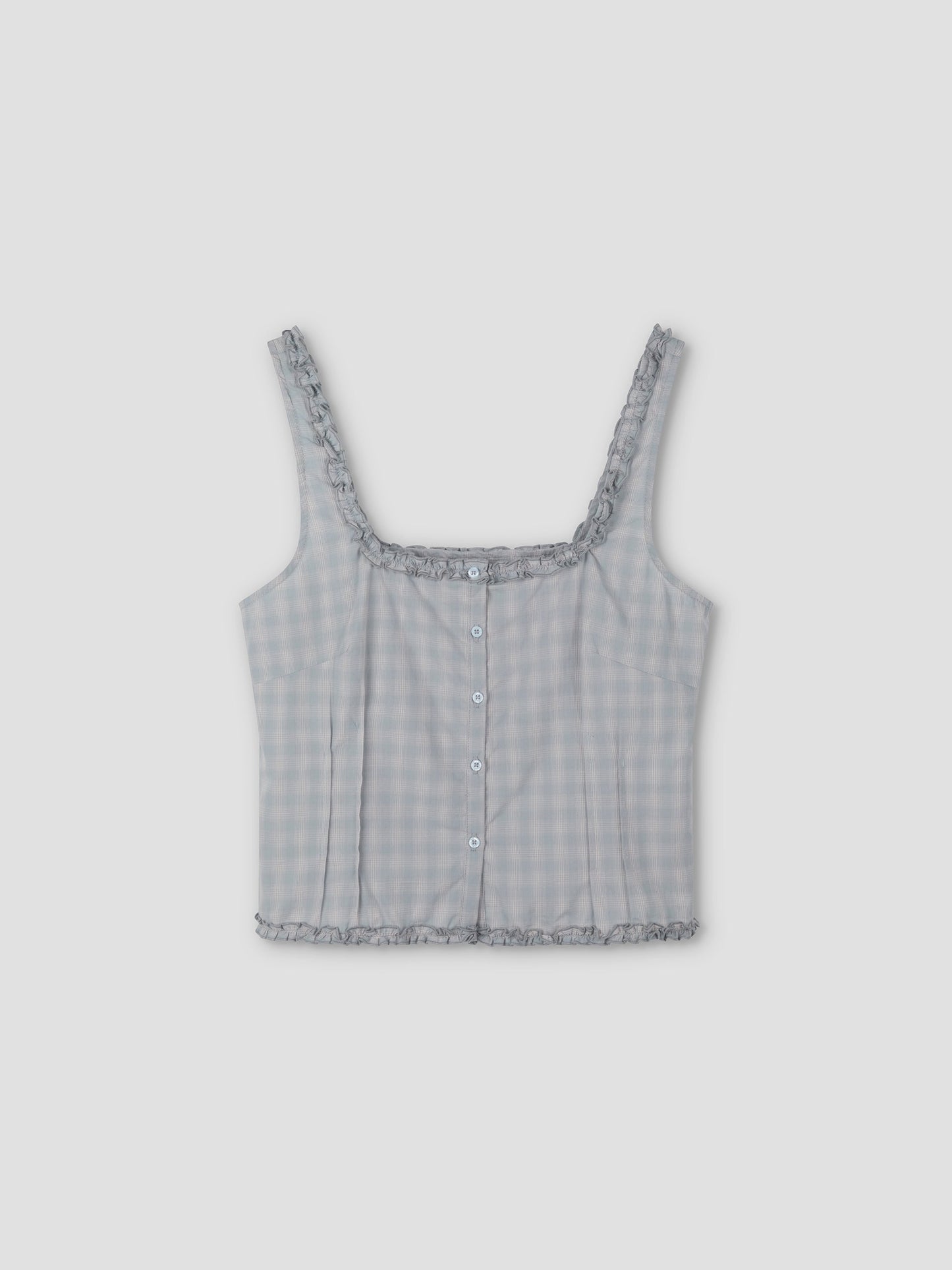 The Button Frill Top - Blue Check by Deiji Studios is a sleeveless, cropped top with light blue and white plaid, ruffled trim, square neckline, and subtle pleats. Shown on a plain light gray background.