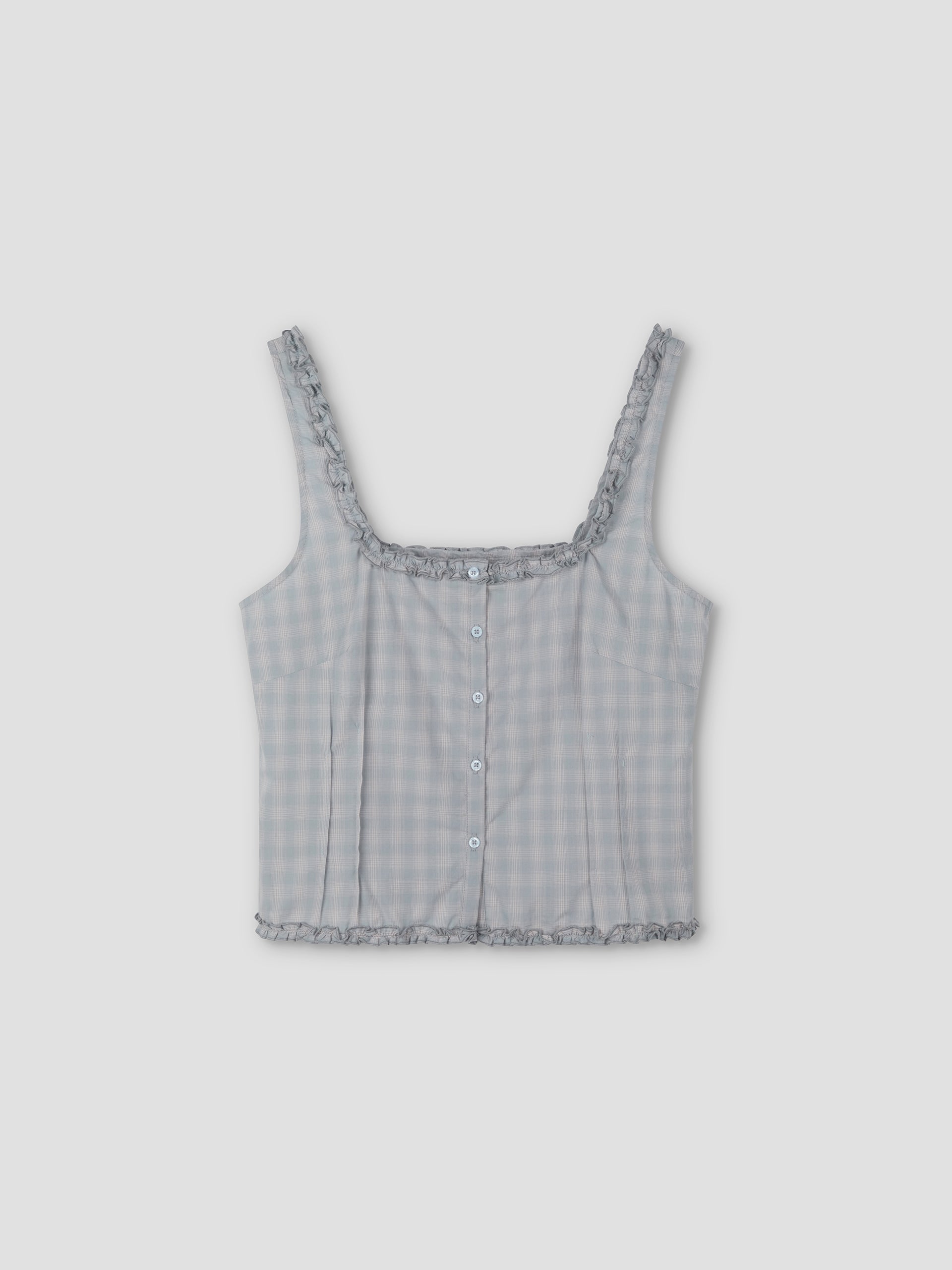 The Button Frill Top - Blue Check by Deiji Studios is a sleeveless, cropped top with light blue and white plaid, ruffled trim, square neckline, and subtle pleats. Shown on a plain light gray background.