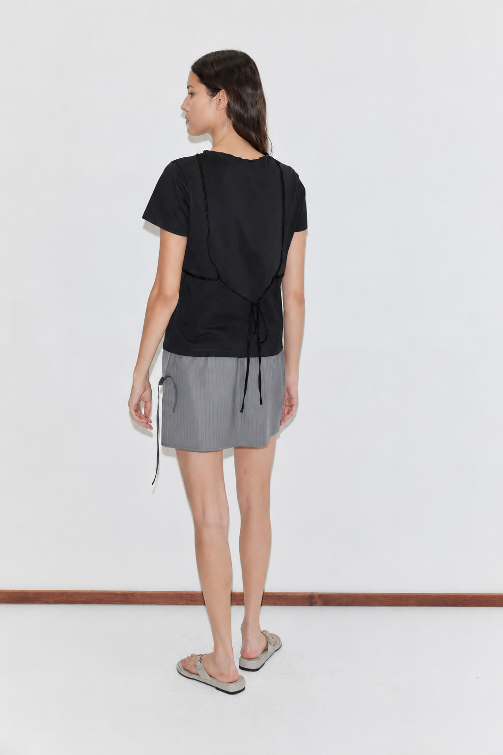 Wool Tie Mini Skirt - Grey Stripe