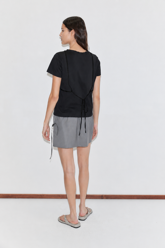 Wool Tie Mini Skirt - Grey Stripe