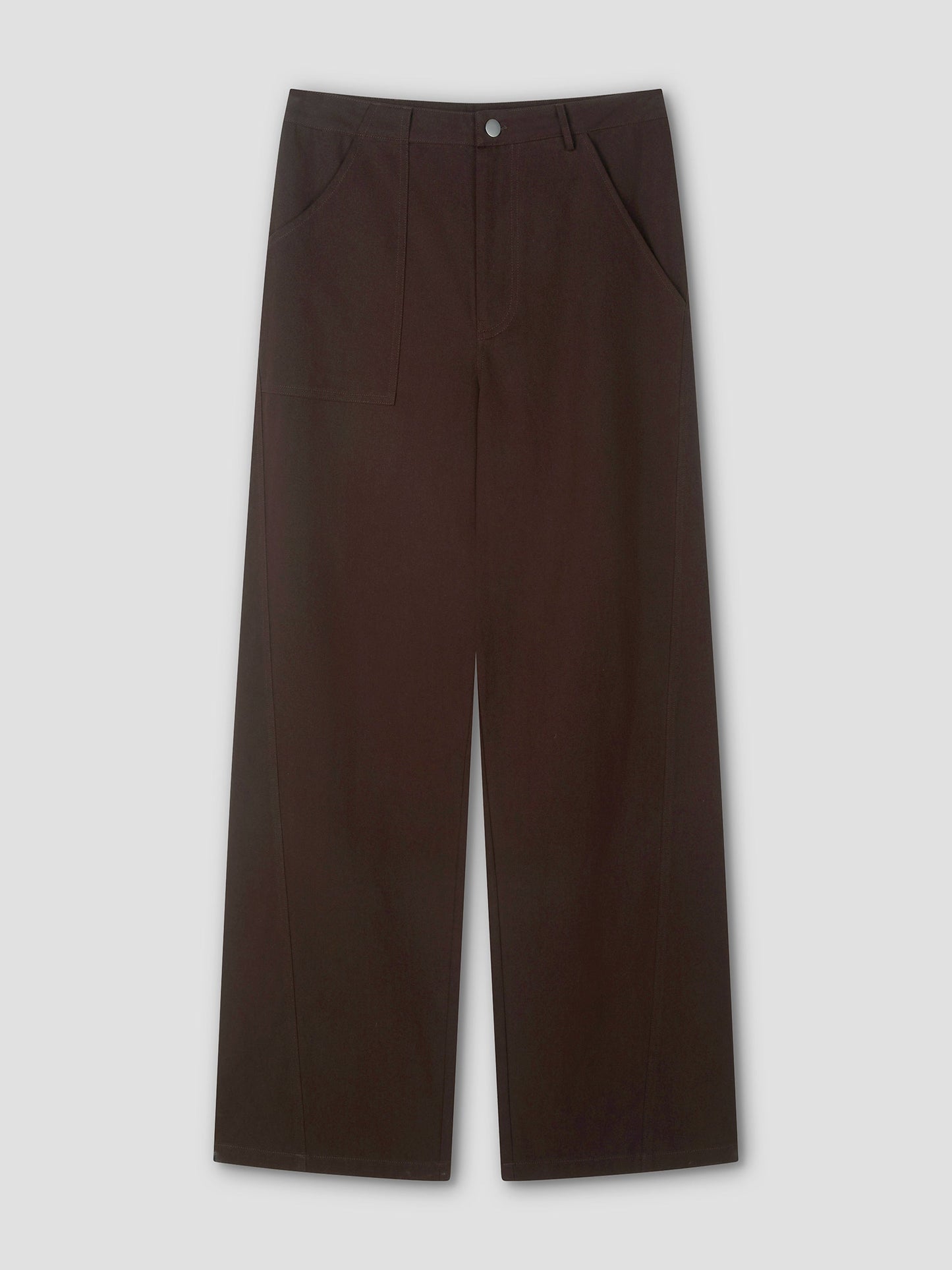 A pair of Pocket Jean wide-leg, dark brown pants with a high waist, front button closure, and side pockets is displayed flat on a light gray background.