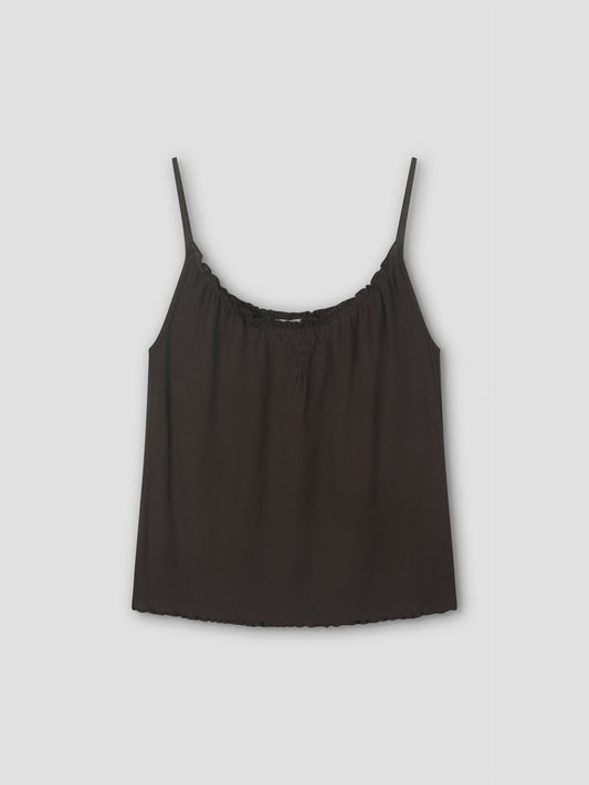 A brown Cotton Flounce Tank with spaghetti straps, relaxed fit, and subtle neckline gathers is shown on a plain light gray background.