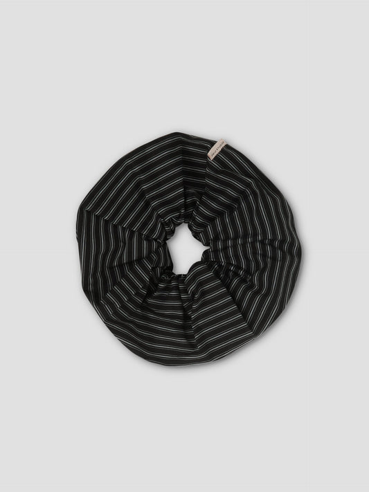 Scrunchie - Mono Stripe, featuring thin white stripes on black, shown flat against a light grey background.