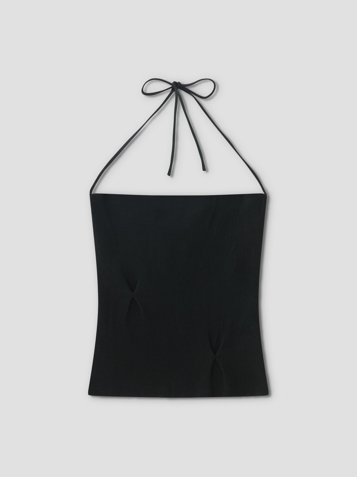 The Fine Knot Tank - Black is a fine knit halter with a straight neckline and thin straps tied at the neck, shown flat on a light gray background. Made from recycled polyester for a sustainable touch.
